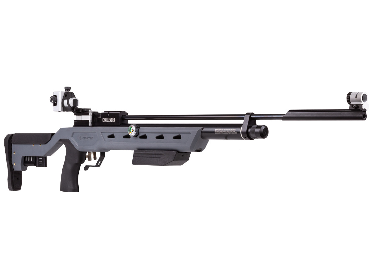 Crosman Challenger PCP gives you a competition pellet rifle that meets the requirements for National Standard three position air rifle matches, so it's a great way to get started for anyone from a younger shooter to someone with plenty of experience. It gives you the adjustable options you need to take your shooting to the next level at a competitive event, including speeds up to 580 fps, an improvement from the older version. You'll appreciate the precision adjustments this rifle gives you so you can get the custom fit you want, including the fully adjustable synthetic stock. You get a precision adjustable cheek rest for optimal cheek weld and eye positioning, plus a precision adjustable buttpad for a comfortable hold and an adjustable length for better results. You also get a two stage match grade trigger that has an adjustable shoe, so you get a clean and predictable break. The Crosman Challenger PCP provides you with accuracy from each and every shot because it combines a Lothar Walther floating barrel with a regulator, so you can depend on steady shot to shot speeds. You get over 200 shots per fill with the 3000 psi air tube, and you can shoot left handed as easily as right handed because of the reversible sidelever action. You'll also get the options for precision aiming you expect in a competition rifle, with micro click elevation and windage adjustments to the rear diopter sight, plus a front aperture sight that takes removable inserts. You can also add optional components like a bipod to the bottom accessory slot, or use the included precision adjustable sliding hand rest. Whether you're a seasoned shooter or just starting out with competition shooting, you'll find the features you need to do your best with the Crosman Challenger PCP, so get it now at Airgun Depot. Crosman Challenger PCP Features: PCP Reversible sidelever .177 caliber Floating Lothar Walther barrel 3000 psi air reservoir Over 200 shots per fill Regulated Fully adjustable synthetic stock Max velocity: 580 fps Two stage match grade trigger with adjustable shoe Meets requirements for National Standard three position air rifle Hooded front aperture sight Diopter rear sight with micro click adjustments 11mm dovetail optics rail Bottom accessory slot Precision adjustable sliding forend hand rest Precision adjustable rubber buttpad Precision adjustable cheekpiece Onboard pressure gauge Specs ManufacturerCrosman Caliber .177 Velocity 580 fps Condition New Ammo Type Pellets Action Sidelever Barrel Style Lothar Walther Fire Mode Single-shot Gun Weight 7.00 Overall Length 40.75 Loudness 2-Low-Medium Mechanism Pre-charged pneumatic Rail 11mm dovetail Safety Manual Front Sights Globe w/Aperture Inserts Rear Sights Diopter/micrometer adjustable Shots per Fill 350 Trigger Adjustability Two-stage adjustable Use Competition Warranty 1-year limited warranty Cocking Effort 11 lbs Crosman Challenger PCP gives you a competition pellet rifle that meets the requirements for National Standard three position air rifle matches, so it's a great way to get started for anyone from a younger shooter to someone with plenty of experience. It gives you the adjustable options you need to take your shooting to the next level at a competitive event, including speeds up to 580 fps, an improvement from the older version. You'll appreciate the precision adjustments this rifle gives you so you can get the custom fit you want, including the fully adjustable synthetic stock. You get a precision adjustable cheek rest for optimal cheek weld and eye positioning, plus a precision adjustable buttpad for a comfortable hold and an adjustable length for better results. You also get a two stage match grade trigger that has an adjustable shoe, so you get a clean and predictable break. The Crosman Challenger PCP provides you with accuracy from each and every shot because it combines a Lothar Walther floating barrel with a regulator, so you can depend on steady shot to shot speeds. You get over 200 shots per fill with the 3000 psi air tube, and you can shoot left handed as easily as right handed because of the reversible sidelever action. You'll also get the options for precision aiming you expect in a competition rifle, with micro click elevation and windage adjustments to the rear diopter sight, plus a front aperture sight that takes removable inserts. You can also add optional components like a bipod to the bottom accessory slot, or use the included precision adjustable sliding hand rest. Whether you're a seasoned shooter or just starting out with competition shooting, you'll find the features you need to do your best with the Crosman Challenger PCP, so get it now at Airgun Depot. Crosman Challenger PCP Features: PCP Reversible sidelever .177 caliber Floating Lothar Walther barrel 3000 psi air reservoir Over 200 shots per fill Regulated Fully adjustable synthetic stock Max velocity: 580 fps Two stage match grade trigger with adjustable shoe Meets requirements for National Standard three position air rifle Hooded front aperture sight Diopter rear sight with micro click adjustments 11mm dovetail optics rail Bottom accessory slot Precision adjustable sliding forend hand rest Precision adjustable rubber buttpad Precision adjustable cheekpiece Onboard pressure gauge Specs ManufacturerCrosman Caliber .177 Velocity 580 fps Condition New Ammo Type Pellets Action Sidelever Barrel Style Lothar Walther Fire Mode Single-shot Gun Weight 7.00 Overall Length 40.75 Loudness 2-Low-Medium Mechanism Pre-charged pneumatic Rail 11mm dovetail Safety Manual Front Sights Globe w/Aperture Inserts Rear Sights Diopter/micrometer adjustable Shots per Fill 350 Trigger Adjustability Two-stage adjustable Use Competition Warranty 1-year limited warranty Cocking Effort 11 lbs